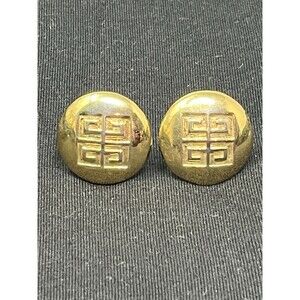 1990s Givenchy BIG LOGO Clip Earrings Glossy Round Gold Tone 1.25"